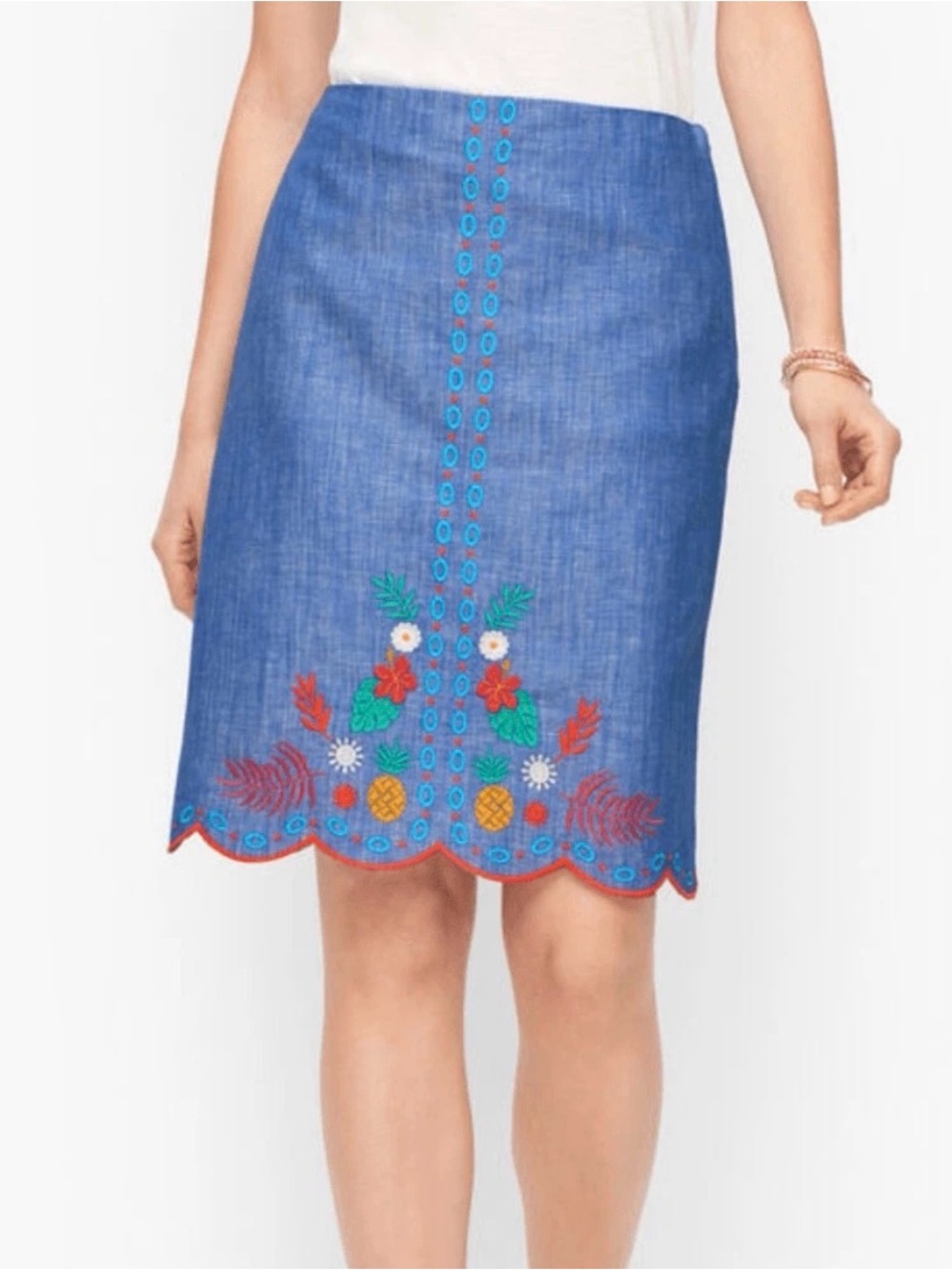 Talbots Colorful Embroidered A-Line Skirt Size 2P Chambray Linen Cotton